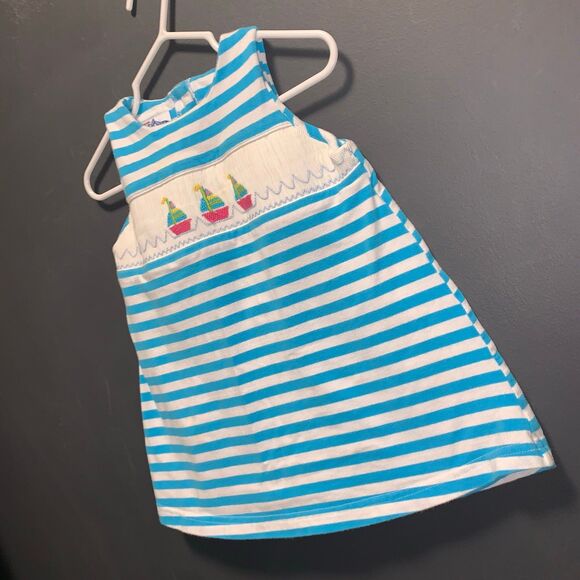 Girls 18m Smocked Sail Boat Dress Blue White Stripes - Picture 3 of 6